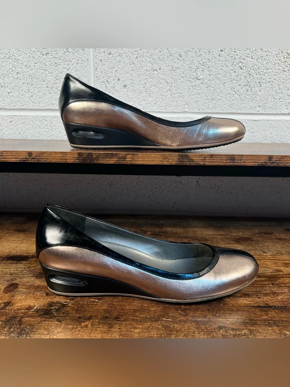 Cole Haan Slip On Shoes Wedge Heel Nike Air Black & Metallic Women's 8.5